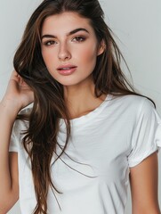 Portrait of a beautiful woman in a white t-shirt for mockup, marketing