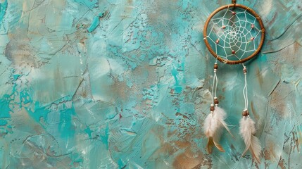 blue painted wall Dream catcher and abstract background,Gray blue lace dream catcher close up on aquamarine textured background. Copy space for text.

 - obrazy, fototapety, plakaty