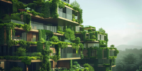 Greenery cascades down eco-friendly buildings, a vision of sustainability and the future of urban architecture. - obrazy, fototapety, plakaty