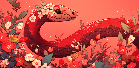 Hand drawn cartoon illustration of cute red zodiac snake among flowers
 - obrazy, fototapety, plakaty
