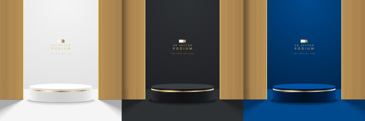Set of luxury white, black and blue 3D cylinder podium realistic or pedestal for product display presentation and gold vertical shape wall. Minimal scene for mockup. 3d stage for show best product. - obrazy, fototapety, plakaty