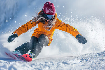 Snowboarder girl in orange sportswear jumping on snowboard.