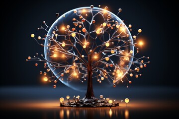 Generative AI illustration of model of human brain tree with glowing impulses and electric lines - obrazy, fototapety, plakaty