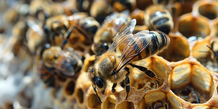 The queen bee is laying eggs with bee eggs and larvae all around. Generative AI.