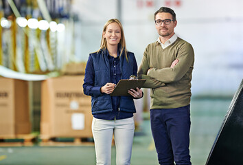 Warehouse, portrait and people with clipboard for distribution, inventory and boxes for shipping....