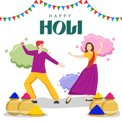 Vector illustration of beautiful poster for Indian festival Happy Holi with couple dance background.