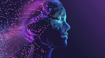 A background motif for a presentation about the practical use of AI in marketing,purple and blue color