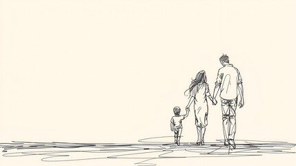 Fototapeta na wymiar Happy family in continuous line art drawing style, generative Ai