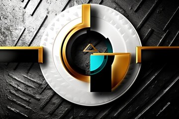 geometric high-tech 3D background with elements in white, gold, turquoise, black colors