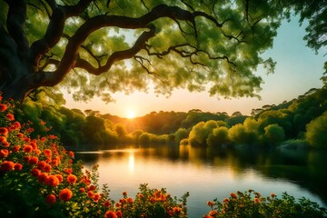 Nature's harmony captured in HD, with green trees, serene waters, and a brilliant sunrise painting...
