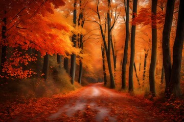 A captivating scene of an autumn forest road, where the trees are painted in shades of red, orange, and gold.