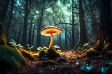 Enchanting mushroom light casting a magical glow in a surreal fantasy forest scene. - obrazy, fototapety, plakaty