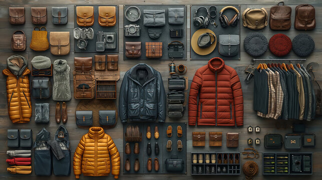 Marvel at the detailed arrangement of clothes and accessories in a stunning 3D knolling graphic for men. 3D render for web page
