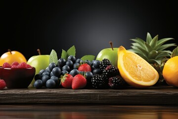 Design a colorful fruit themed backdrop showcasing a variety of fresh produce such as strawberries, pineapples, grapes, kiwis, mangoes, peaches, and pears.