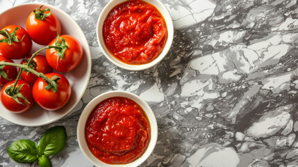 Two bowls of red sauce and a plate of tomatoes