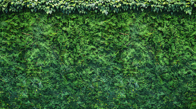 A green hedge with green leaves and green vines. The hedge is very thick and has a lot of leaves