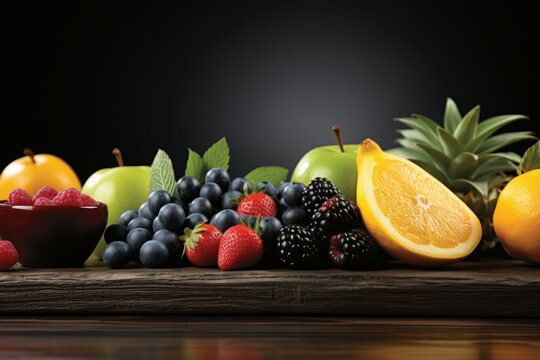 Design a colorful fruit themed backdrop showcasing a variety of fresh produce such as strawberries, pineapples, grapes, kiwis, mangoes, peaches, and pears.