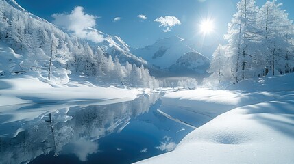 The serene stillness of the mountain landscape blanketed in snow. Generative AI.