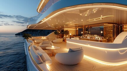 A large outdoor lounge and backlit stone bar with teak decking and white furniture on a super yacht. Generative AI. - obrazy, fototapety, plakaty