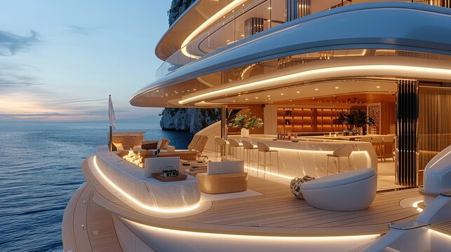 A large outdoor lounge and backlit stone bar with teak decking and white furniture on a super yacht. Generative AI.