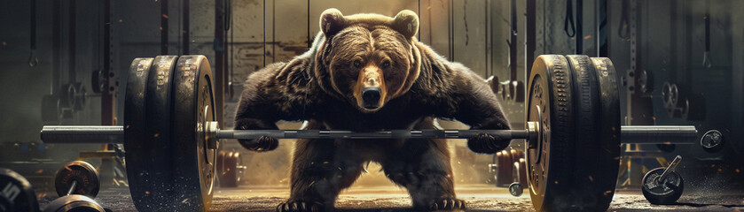 A gym where the surreal meets strength; a bear lifting heavy weights showcases the pinnacle of power. - obrazy, fototapety, plakaty