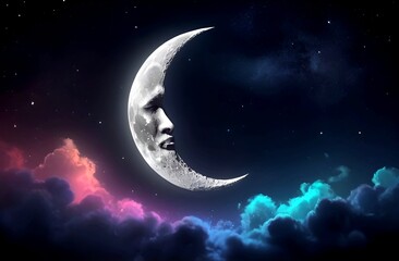 A design of a large half moon in the middle of the clouds at night - obrazy, fototapety, plakaty