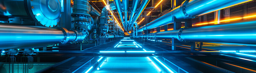 A maze of industrial pipes under blue neon lights offers a glimpse into a future where technology and perspective converge. - obrazy, fototapety, plakaty