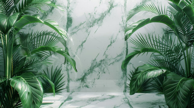 A green and white marble wall with a green and white plant on it. The plant is a palm tree