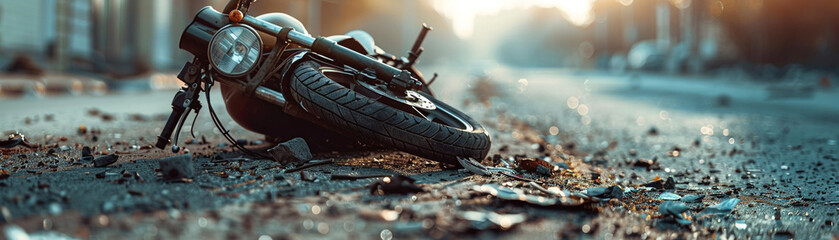 A motorcycle lies in the desolate aftermath of an urban crash, a stark reminder of action turned to stillness.