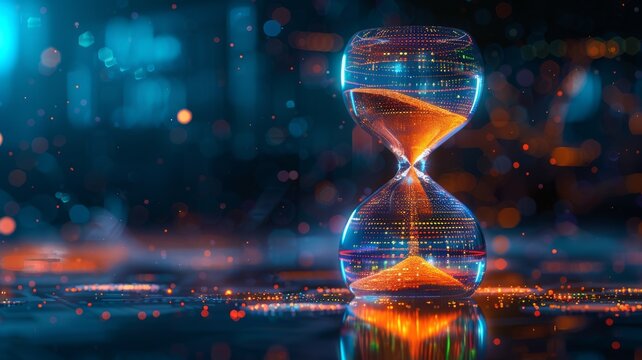 A giant hourglass with sand turning into digital data, symbolizing time and technology
