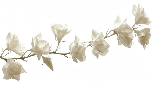 A white flower with a stem is shown in a line. The flowers are all the same color and are arranged in a row. The image has a serene and peaceful mood, as the flowers are depicted as delicate