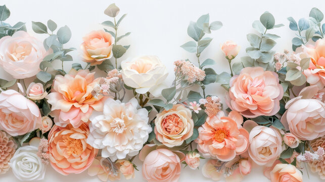 A bouquet of flowers with a white background. The flowers are pink and white, and they are arranged in a way that creates a sense of movement and flow. Scene is one of beauty and elegance