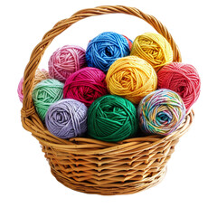 Heap of colorful yarn in basket on transparent background 