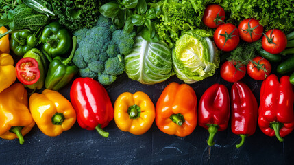 A row of vegetables including tomatoes, peppers, broccoli, and lettuce. Concept of abundance and freshness, as the vegetables are displayed in a visually appealing manner