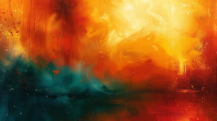 A painting of a red, orange, and blue background with a yellow sun in the middle. The painting has a lot of texture and he is abstract - obrazy, fototapety, plakaty
