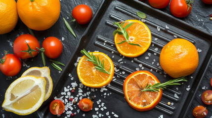 A tray of fruit with oranges and lemons on it. The oranges are cut in half and have a few leaves on them. There are also some tomatoes on the tray