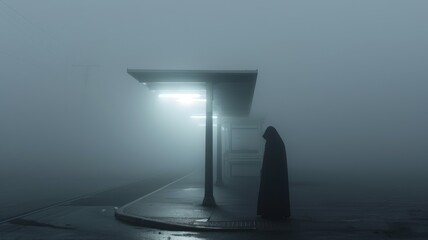 Apparition waiting at a bus stop, blending with the morning fog