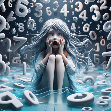 scared school girl surrounded by numbers