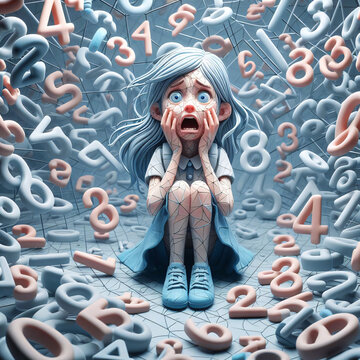scared school girl surrounded by numbers