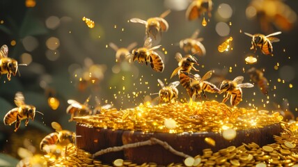 Bees making honey gold coins in a hive - obrazy, fototapety, plakaty