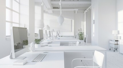 Fototapeta na wymiar Modern White Workspace: Open Plan Office Design Concept
