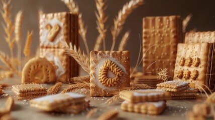 Biscuit packs with wheat stalks 3D scheme - obrazy, fototapety, plakaty