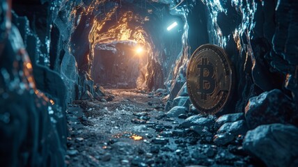 Bitcoin mining operation in a digital cave - obrazy, fototapety, plakaty