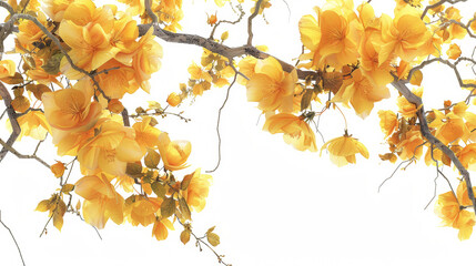 A branch with yellow flowers is shown against a white background. The flowers are in full bloom, and the branch is full of them. Concept of beauty and natural wonder - obrazy, fototapety, plakaty