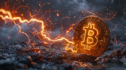 Bitcoin storm, digital lightning forging coins - obrazy, fototapety, plakaty
