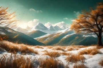 Blades of emerald-green grass swaying in the wind, set against the backdrop of distant snow-covered peaks in late autumn.