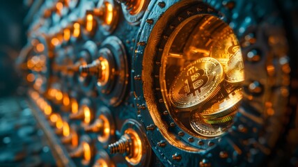 Bitcoin vault opening to reveal glowing coins - obrazy, fototapety, plakaty