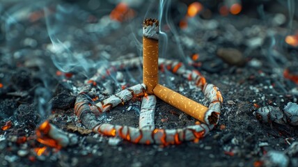 Broken cigarette forming a peace sign, quitting for peace - obrazy, fototapety, plakaty