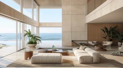 a living room with a house pool next to the ocean inspired by Sydney's interior designs. Frontal...