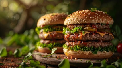 Burger stacks near lettuce fields 3D concept - obrazy, fototapety, plakaty